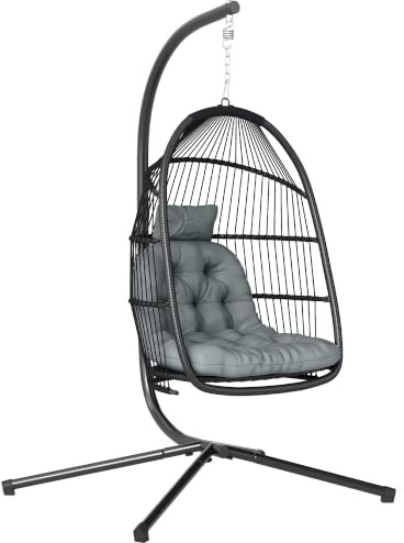 Outsunny Rattan Hanging Egg Chair with Stand Foldable 150 kg Dark Grey | Wicker Egg Swing, Cushion, Head Pillow, Steel Frame, Hammock Chair, Indoor Outdoor Use