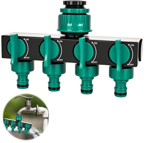 RUCUDIM Distribuidor de 4 vías, 3/4 pulgadas y 1/2 pulgadas de conexión de agua, distribuidor de agua, distribuidor de manguera, desviador de riego de jardín con válvulas de cierre individuales, para