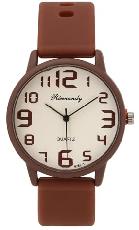 JSDDE Simple Montre à Quartz pour Homme et Femme avec Grand Cadran Rond Facile à Lire Affichage Numérique Chiffres Arabes Sport Montre Bracelet en Silicone Mouvement Quartz Fille Garçon (Marron)