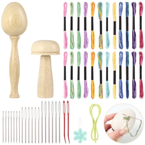 YOFAPA Darning Supplies Kit, Darning Egg and Mushroom for Embroidery, Sewing Set for Socks Carpets Clothes, Embroidery Kit with Large-Eye Needles, Rainbow Colorful Sewing Threads for DIY Handicraft