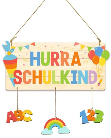 Einschulung Deko Schule Schild Holz, HURRA SCHULKIND Türschild Schulkind Deko 2026 Schulanfang Schuleinführung Schulstart, Einschulungsdeko Geschenk Jungen Mädchen