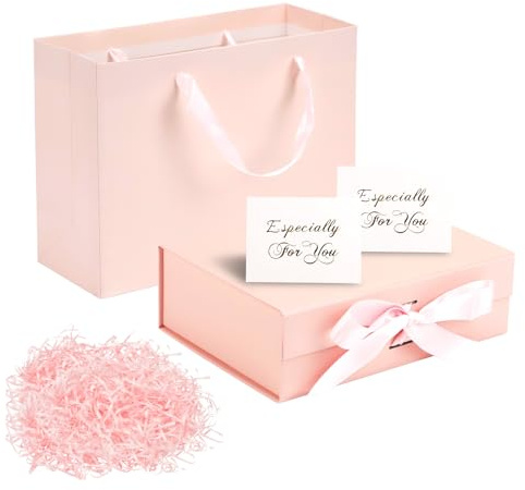 CXRYLZ-FUR Geschenkbox Set, 23x17x7cm Geschenkbox mit Deckel, Geschenk Box mit 2 Stück Karten, Tasche, Geschreddertes Papier, Geschenkverpackung für Hochzeit, Geburtstag, Weihnachten, Jubiläum (Rosa)