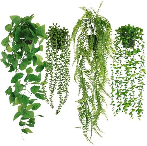 HengChen 4-Pack Artificial Hanging Plants with Pots - Realistic Fake Ivy Faux Plants for Indoor & Outdoor Decor, Office, Patio, Wall Hanging