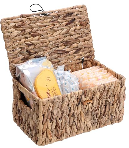 Sumnacon Storage Basket with Lid, Water Hyacinth Shelf Baskets for Organizing, Farmhouse Bathroom Woven Bins for Tampons and Pads, Toilet Paper, Towels,Decorative Organizer Box for Counter, Vanity (M)