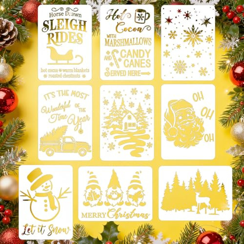 9 plantillas de Navidad para dibujar, reutilizables, para ventanas, pulverización, álbumes de recortes, dibujo, manualidades, tarjetas de regalo