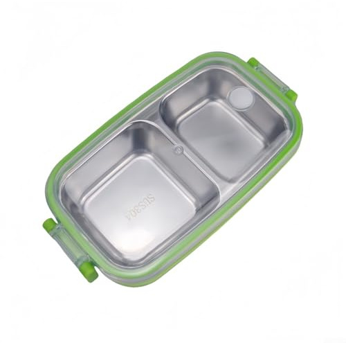 Homeponnew Lonchera de acero inoxidable a prueba de fugas con 3 compartimentos y tapa transparente para separar comidas frescas, perfecta para la escuela o el trabajo (verde)