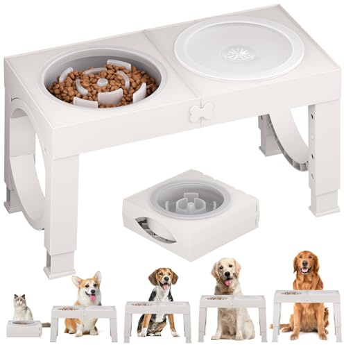 Aystkniet Raised Dog Bowls with Slow Feeder Bowls and Non Spill Water Bowl, Height Adjustable Bowl Stand 23cm/27cm/31cm/35cm, Elevated Dog Bowls, Dog feeding station white