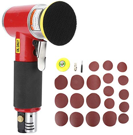 Mini lijadora neumática, lijadora de aire orbital aleatoria para trabajos de carrocería, pulidora neumática de alta velocidad con discos de lijado, 20 papeles de lija (2-3 pulgadas rojo excéntrico +