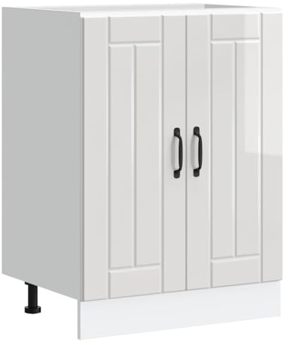 Mandloder Lucca Meuble sous-évier Blanc brillant 60 x 46 x 81,5 cm Bois dérivé du bois Pieds réglables Armoire de cuisine pour un espace de rangement optimisé