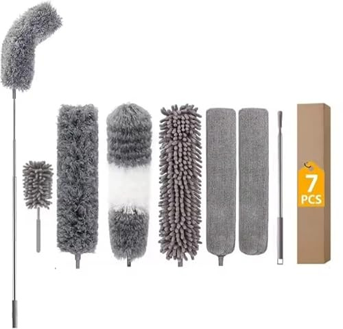 Staubwedel mit Teleskopstange 2,8 m – Waschbarer Mikrofaser Staubwischer für Spinnweben & Staub, Ausziehbarer Staubbesen mit biegsamem Kopf für Decken, Kronleuchter, Ecken, Wände & Heizkörper