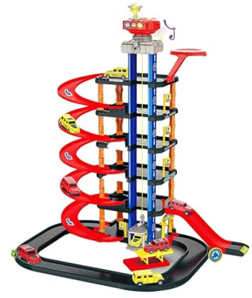 DIOXSTAR Multi-Level Parking Garage Toy Set for Kids, Spiral Track Car Playset with 6 Levels, Cars, Helicopter, Traffic Signs, Lights & Music, Interactive Educational Vehicle Playset, 85PCS