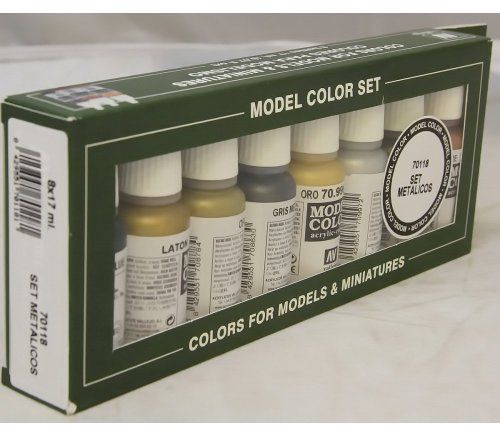 Vallejo Model Color Metallic Acrylic Paint Set, 8 Bottles (18 ml) with Dropper and Color Chart for Miniatures and Models