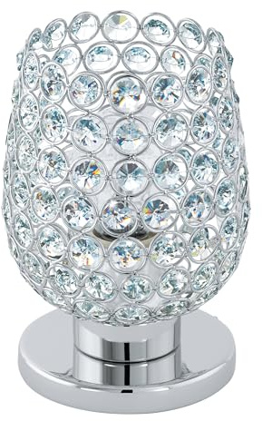 EGLO Tischlampe Bonares 1, 1 flammige Tischleuchte, Elegant | Nachttischlampe aus Stahl und Kristall, Wohnzimmerlampe in Chrom, Klar, Lampe mit Schalter, E27 Fassung