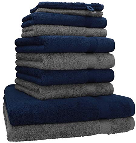 Betz 10-TLG. Handtuch-Set Premium 100% Baumwolle 2 Duschtücher 4 Handtücher 2 Gästetücher 2 Waschhandschuhe Farbe Anthrazit & Dunkel Blau