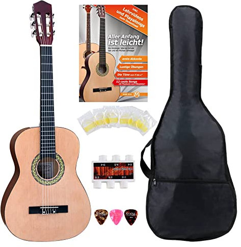 Classic Cantabile AS-861 Konzertgitarre 3/4 Starter-Set (akustische Klassikgitarre, geeignet für Kinder ab 8-11 Jahren, Tasche, Saiten, Noten, Plektren, Stimmpfeife) natur