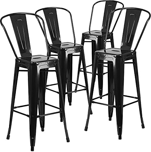 Flash Furniture Lily Barhocker, kommerzielle Qualität, 76 cm hoch, schwarzes Metall, für Innen- und Außenbereich, entfernbare Rückenlehne, 4 Stück