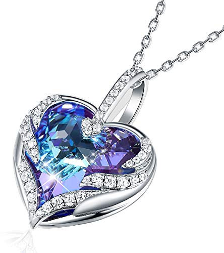 CRYSLOVE Collana da DonnaCuore dell'OceanoCiondolo Cuore con Blu Cristalli,Angel Wing Cuore Pendente Collane,Gioielli Donna, Collana Donna, Collana Cuore, Regalo Donna
