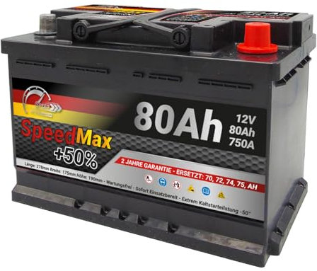 BATTERIA AUTO SPEED MAX L3 80Ah 750A EN 12V POLO POSITIVO DESTRA EQUIVALENTE 74Ah 75Ah DIMENSIONI 278 x 175 x 190 mm SENZA MANUTENZIONE PRONTA ALL'USO