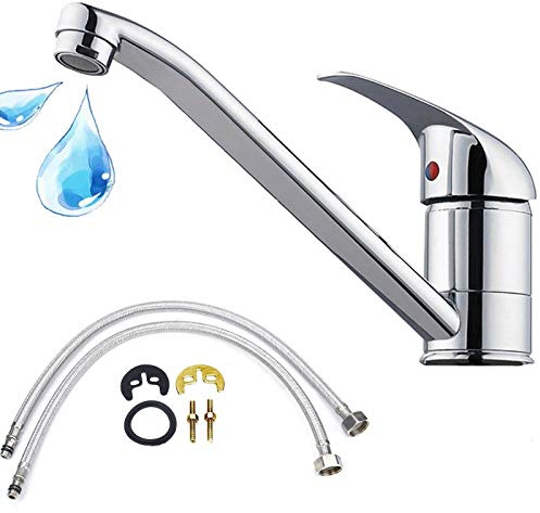 Bathroom Sink Tap with Long Swivel Spout, Single Lever Handle One Hole Basin Mixer Tap, Chrome Plated Lavatory Kitchen Sink Basin Tap with UK Standard Fittings, DIY Hot and Cold Tap, Easy to Install