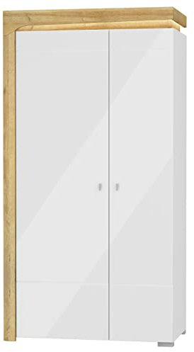 Furniture24 Kleiderschrank Theo THS-2 Schrank 2 türiger Drehtürenschrank mit 2 Kleiderstangen mit 4 Einlegeboden Riviera Eiche Weiß Hochglanz (mit LED Beleuchtung)