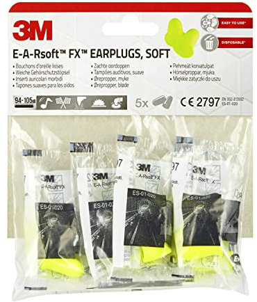 3M Earplugs, Soft, E-A-RSoft FX, Yellow, Hearing Protection against noise levels in the range of 94-105 dB (SNR: 39dB), 60 Pairs (12 Pack with 5 Pairs each)