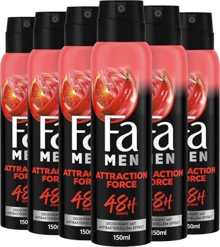 FA Deospray Men Attraction Force 150 ml – Maskuliner Duft & zuverlässiger 48h Deo-Schutz – Erfrischendes Männer Deo gegen Körpergeruch – 6er Pack Jahresvorrat (6 x 150 ml)