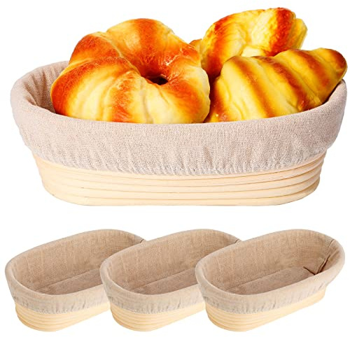 4 Pieces Oval Bread Banneton Proofing Basket 10 Inch Rattan Sourdough Bread Baskets Banneton Dough Proofing Bowls with Liners and Scatters for Home Sourdough Baking(Oval)