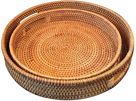 Plateau de Service Rond en Rotin avec Poignées Plateau en Rotin Fruits Légumes Rangement Plateau Corbeille de Fruits Plateaux à Pain Plateau de Service en Osier Rustique Style Plateaux Décoratifs