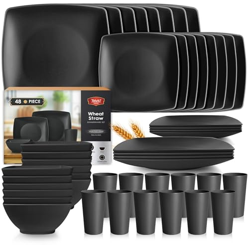 Teivio 48-piece Plastic Wheat Straw Square Dinnerware Set for 12, Unbreakable Dinner Plates, Salad Plates, Snack Bowls, Tumblers 13.5 oz, Dishwasher Safe Kitchen Outdoor Camping RV Dish, Black