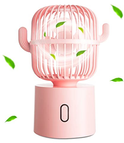 Growiner Cactus Fan, Cute Desk Fan Small Mini Office Desk Fan Quiet, 80 Degree Rotation USB Portable Fans 3 Speeds Strong Wind, Cactus Office Supplies, Personal Table Desktop Fan Decor (Pink)