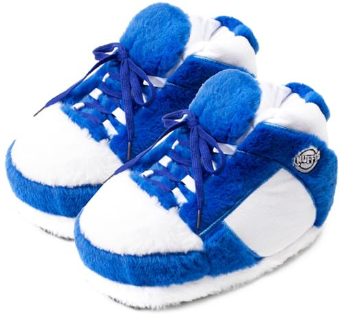 Knuffis Sneaker Hausschuhe Plüsch für Damen und Herren - Lustige Pantoffeln Größe 36-45 (Blau Weiß)