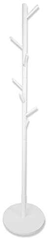 keypak Wooden Coat Stand with Round Base, Height Adjustable, White 8 Hooks