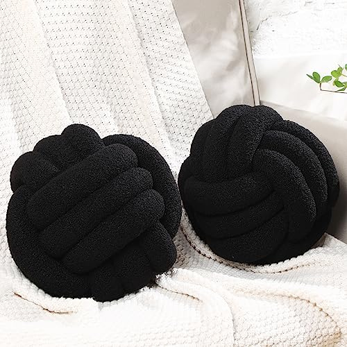 Namalu 2 Pcs Knot Pillows Decorative Round Ball Throw Plush Pillows Boucle Knotted Circle Soft Pillows Cushion for Room Sofa Home Bed Floor(11 Inch,Black)