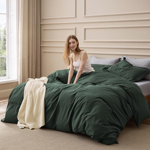 Bedsure 100% Washed Cotton Duvet Cover Queen Size - Forest Green Minimalist Cotton Duvet Cover Linen Like for All Seasons - GentleSoft™ Plain Simple Bedding (Forest Green, Queen, 90x90)