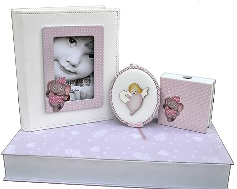 Willkommen in der Welt: Geschenkset Elefanten mit Album, Duftstäbchen und Babybett mit Spieluhr für Neugeborene (Rosa)
