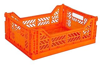 AYKASA Cassetta pieghevole stabile in plastica, impilabile, arancione fluo, midi (40 x 30 x 14 cm)