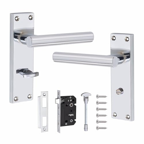 Golden Grace Victorian Straight T-Bar Door Handles Bathroom WC Toilet Complete in Silver Polished Chrome with (GG) 64mm Bathroom Mortise Lock - 150mm x 40mm Backplate