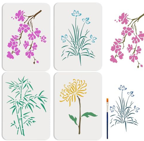 MAYJOYDIY 4pcs Flower Plant Stencil 29.7×21cm Large Plum Blossoms Orchid Bamboo Chrysanthemum Stencils with Paint Brush Seasonal Botanical Flower Drawing Template for Craft Furniture Fabric