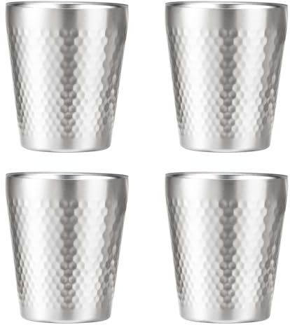 TIICOO Edelstahlbecher 4 Packungen 300 ml, Stapelbar Doppelwandig Isoliert Metall Bruchsicher Titanbeschichtete Diamantstrukturierte Oberfläche Hitzebeständig Spülmaschinenfest (Silber - 4er Set)
