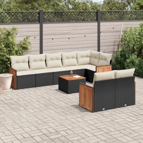 Rantry Garten Sofagarnitur 9-TLG. mit Kissen Gartensofa mit Stauraum Gartenlounge Loungesofa Balkonmöbel Gartenmöbel Rattansofa Ecksofa Sitzgruppe mit Gartentisch Gartenset Schwarz Poly Rattan