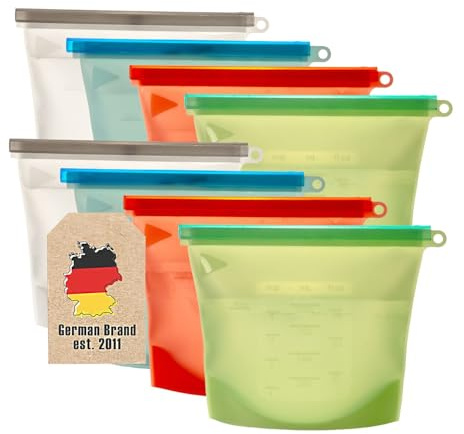INTIRILIFE 8X Lebensmittelbeutel Silikon, 1L Füllmenge mehrere Farben -23 x 17,5 cm- Wiederverwendbar Zip Verschluss, Gefrier - und Aufbewahrungsbeutel für Gemüse Fleisch Snacks spülmaschinengeeignet