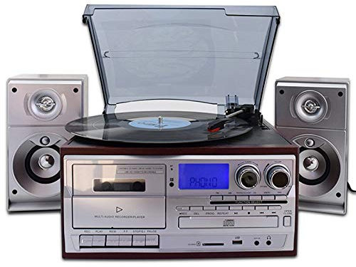 Giradischi Bluetooth con 2 potenti altoparlanti esterni, giradischi vinile a MP3 con riproduzione cassette, radio AM/FM, telecomando, codifica USB/SD, jack uscita musicale 3,5 mm
