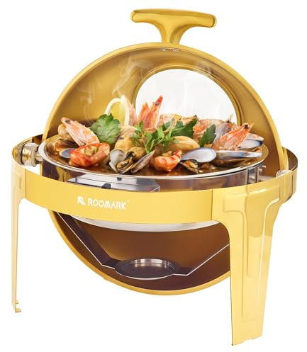 Roomark 5,7L Buffet Chafing Dish Set, Calentador Buffet Redondo, Servidor de Buffet, Calentador Comida Buffet, Calentador de Buffet, Marco Grueso, para Buffet, Fiestas de Catering, Bodas, Oro