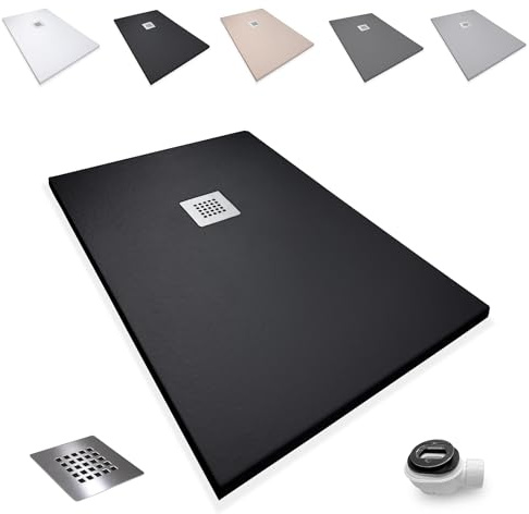 Plato de Ducha Antideslizante 90x90cm - Plato Ducha Resina Resistente a Agentes Químicos - Plato Ducha Antibacteriano - Incluye Rejilla Desagüe Ducha y Válvula Sifón - Color Negro