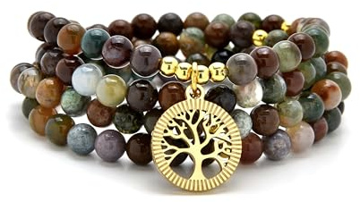 oasymala Accessoires de méditation, 108 perles Mala, breloque arbre de vie en or, bracelet ou collier de perles de yoga pour homme ou femme (Agate indienne (Indian Agate))