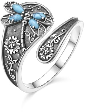 Adjustable Dragonfly/Lotus/Hummingbird/Cross Ring for Women Girls 925 Sterling Silver Antique Floral Spoon Rings Oxidation Inspirational Band Jewelry