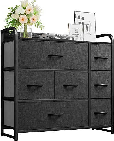 YITAHOME Kommode,Kommode mit 7 Schubladen,Schrank,Stoffschubladen mit Griffen,Metallgestell,Dauerhaft,Schwarz Grau