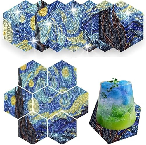 AiYuanzsh 7 Piece Hexagon 5D Diamond Painting Coasters Set with Holder – DIY Puzzle Coasters Set Inspired by Van Gogh's Starry Night Mosaic Art Cup Mats for Table Decoration & Gift