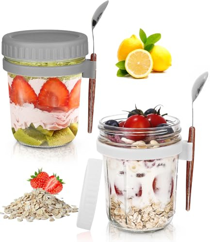 Ixydor Juego de 2 Tarros de Avena Nocturna, Overnight Oats Jar, Mason para Yogur, con Tapa y Cuchara, Tarros de Cristal para llevar con leche, yogur, cereales, verduras y frutas,350ml
