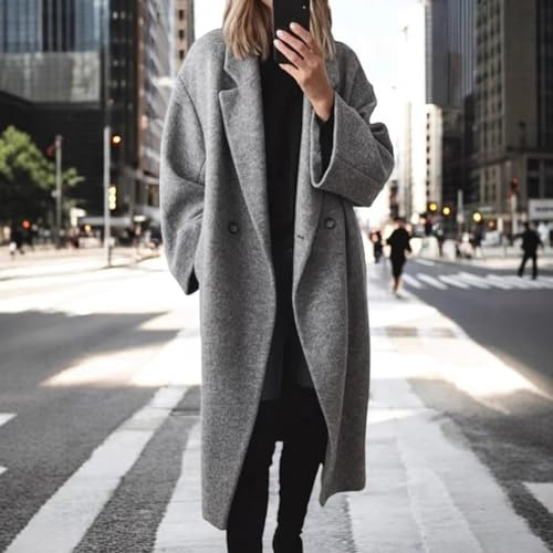 Caldo cappotto di lana da donna, design trench lungo per autunno inverno moda (L grigio)